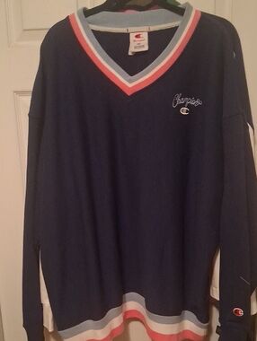 Champion Navy V-Neck Sweatshirt with Light Blue and Coral Trim